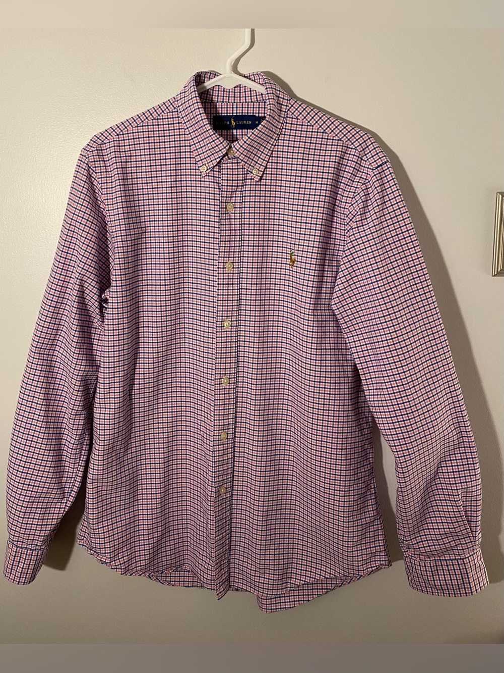 Ralph Lauren Button Down Shirt Mens Medium Pink Blue Check Plaid Classic Fit